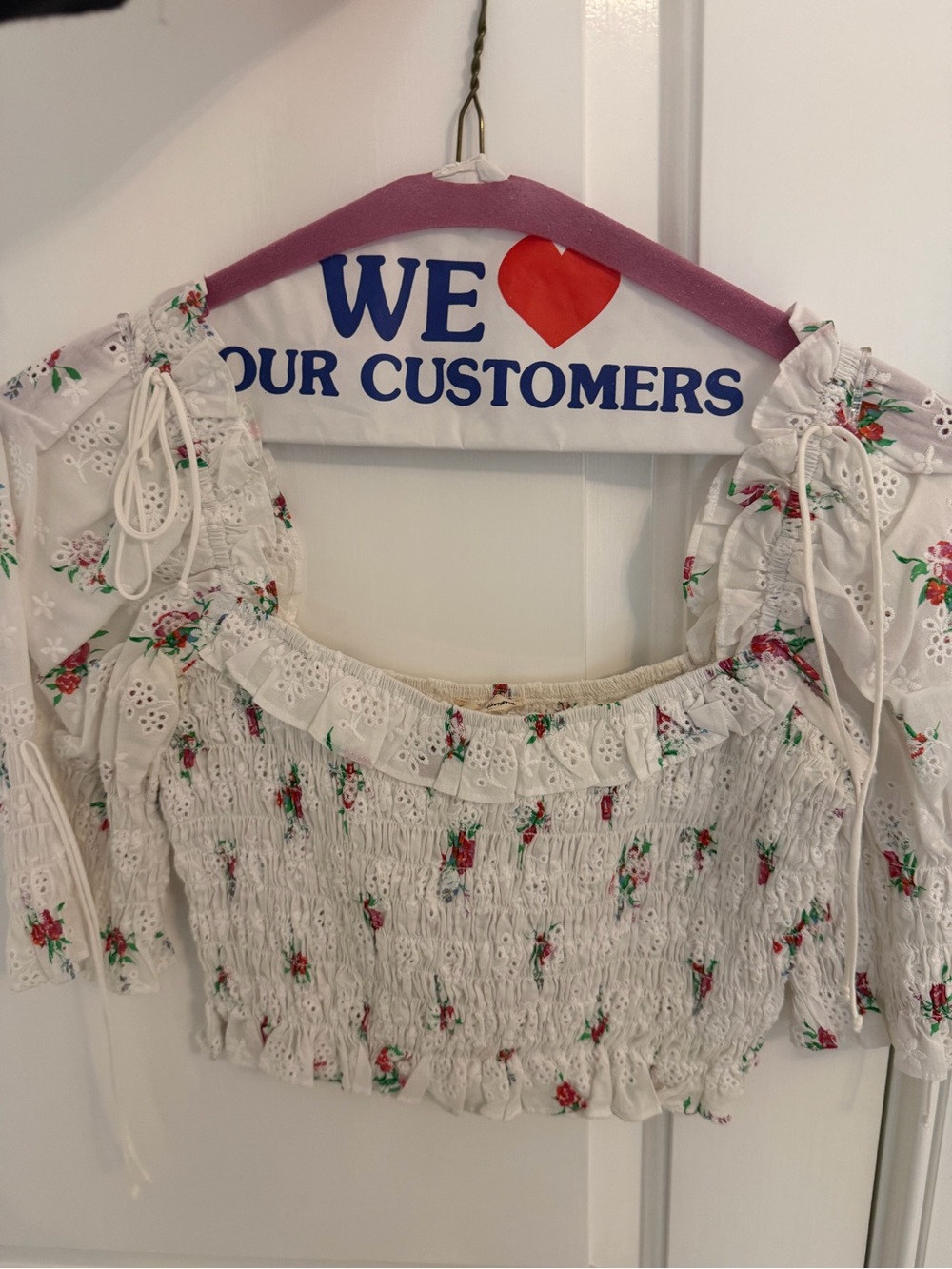 For Love & Lemons Pink Floral Smocked Cropped Top